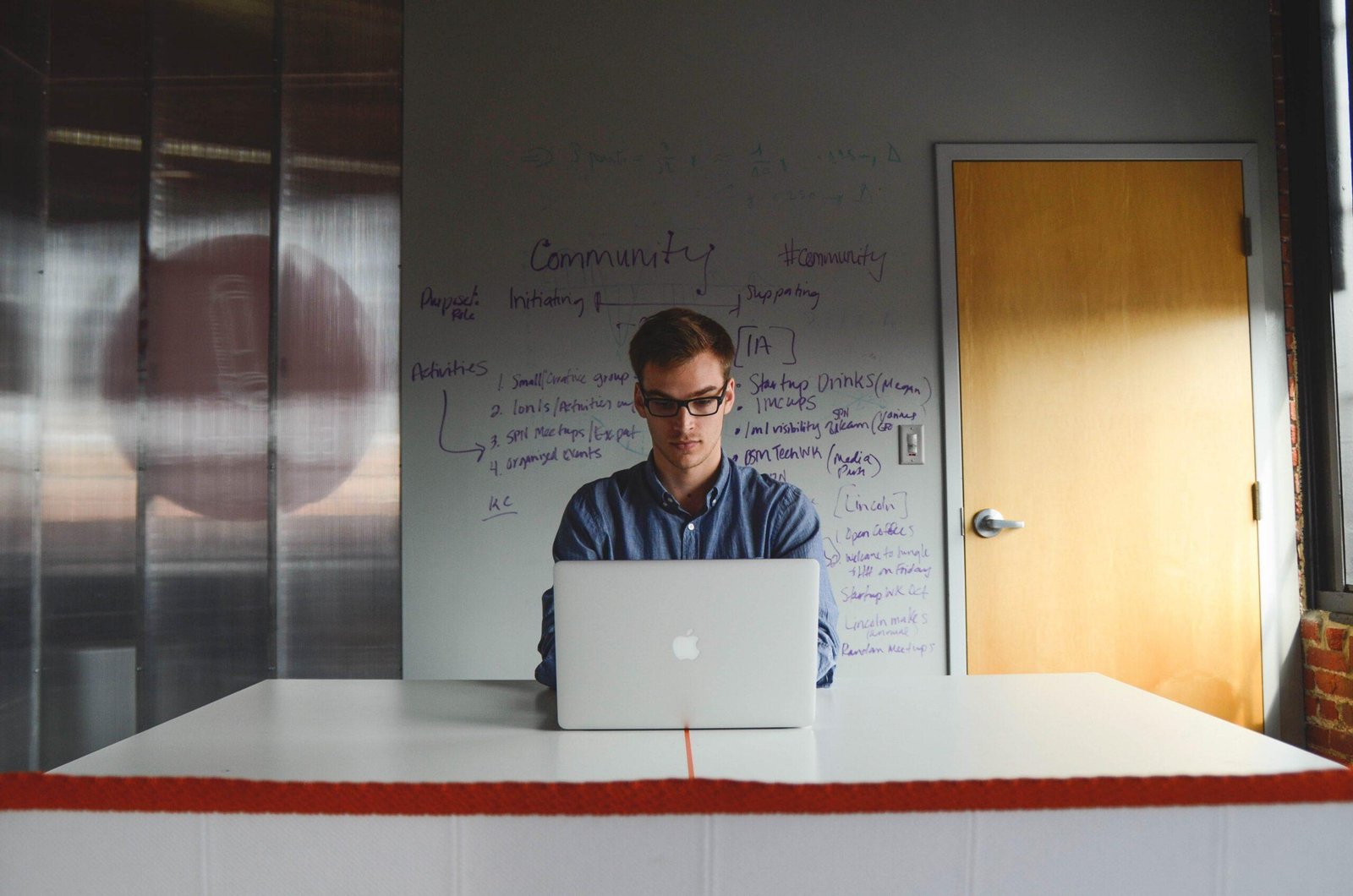 Man sits in front of a computer, with a plan written behind him on a whiteboard.